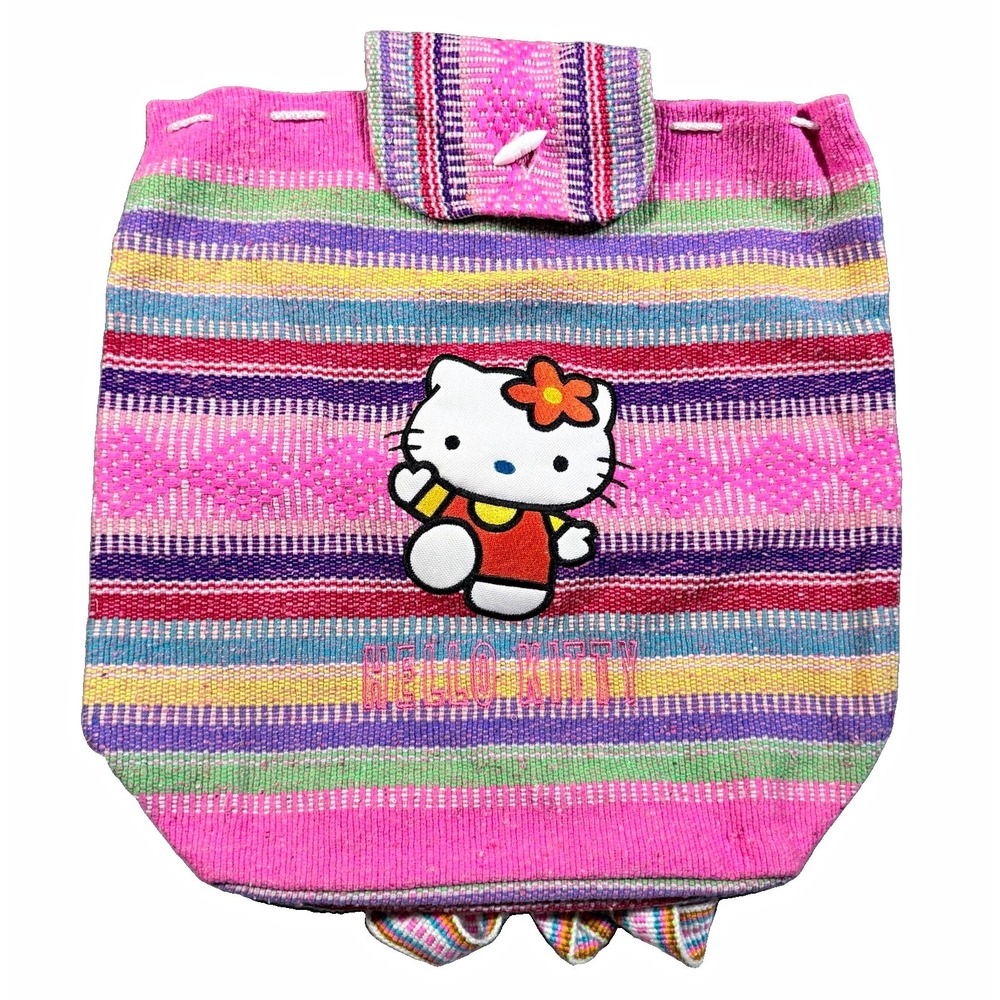 Vintage Sanrio Hello Kitty Woven Backpack Pink Striped Jerga Drug Rug Y2K Bag